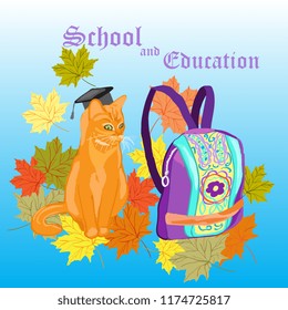 Illustration in a humorous style cat and school backpack