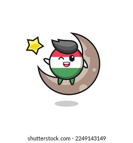 illustration of hungary flag badge cartoon sitting on the half moon , cute style design for t shirt, sticker, logo element