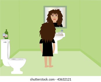 Illustration of a hungover woman crying as she looks in her bathroom mirror