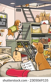 Illustration of hungry Beagles prepping bunker with food.