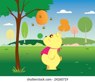 Illustration of a hungry bear tempted by honey from a beehive