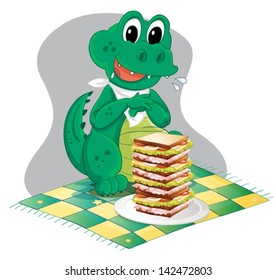 Illustration of a hungry crocodile in front of a big pile of sandwich on a white background