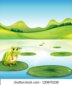 Illustration of a hungry frog above the waterlily