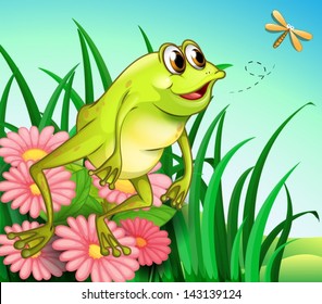 Illustration of a hungry frog at the garden