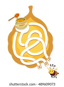 Illustration of a Hungry Honeybee Tracing His Way Around a Beehive Shaped Maze to Get His Bowl of Honey