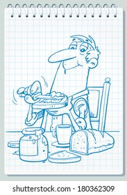 Illustration of hungry man eating.