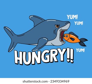 ILLUSTRATION HUNGRY SHARK WANTS TO EAT FISH