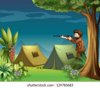 Illustration eines Jägers auf einem Campingplatz