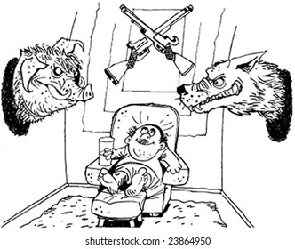 An illustration of a hunter with stuffed animals