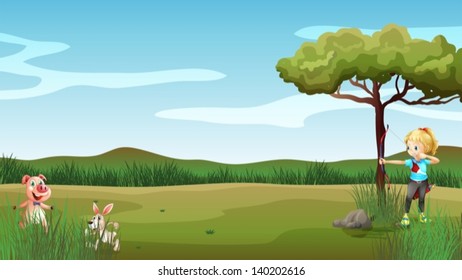 Illustration of a hunter targetting the rabbit and the pig