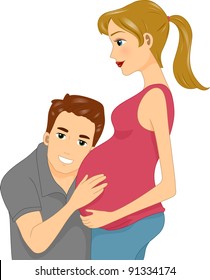 Illustration of a Husband Listening to His Wife's Tummy