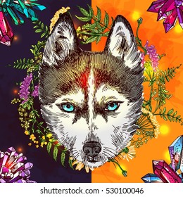 Illustration with husky. Hand drawn vector background with wildflowers and crystal. Boho style drawing. Us for print for t-shirt; smart phone; poster; web.