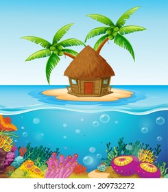 Illustration of a hut on a desert island