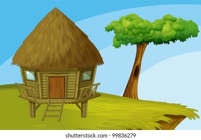 Illustration of hut on a hill