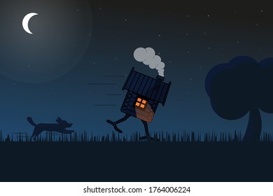 Illustration of a hut running from a dog on chicken legs in a field lit by moonlight. Illustration of the silhouettes.