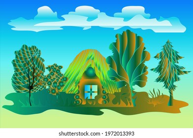 Illustration of a hut in a summer forest. Use it for design and illustration purposes.