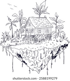 Illustration of a hut with vegetation in the background on a floating land, a village on a float