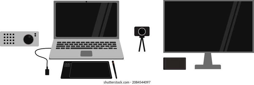 Illustration Of Hybrid Class Laptop Equipment, Extend Monitor, Projector, Webcam, Pen Tablet, Speaker And Microphone