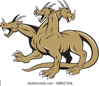 Illustration of hydra, in Greek and Roman mythology, a multi-headed serpent-like monster crouching ready to attack set on isolated white background done in cartoon style. 