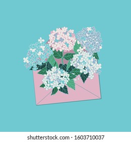 illustration with hydrangea and envelope, vector design