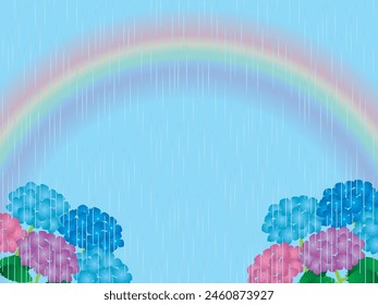 Illustration von Hortensien und Regen- und Regenbogenhintergrund