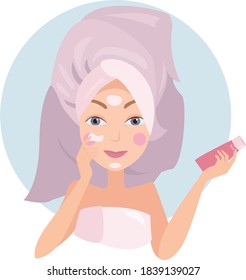 Illustration "hydrating"from the care series.Vector illustration with girl with face cream. Girl cleansing her face.Girl uses a cosmetic facial cream.