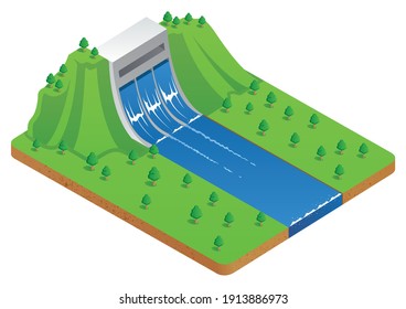 Illustration of hydro energy plant producing electricity from the power of the moving water.