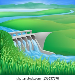 Illustration of a hydroelectric dam generating power and electricity