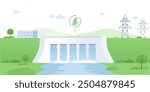 Illustration of a hydroelectric dam generating sustainable energy, surrounded by nature.  Dam with turbines as nature-friendly and sustainable resource generation type vector illustration.