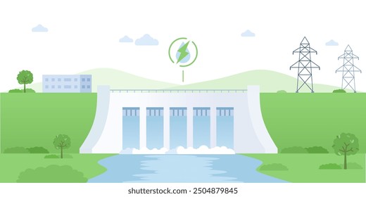 Illustration of a hydroelectric dam generating sustainable energy, surrounded by nature.  Dam with turbines as nature-friendly and sustainable resource generation type vector illustration.