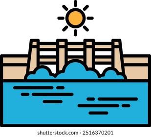 Illustration of a hydroelectric dam in line drawing style.