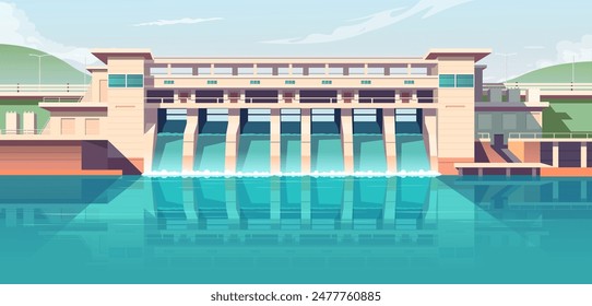 Illustration of a hydroelectric dam with water flowing, surrounded by hills under a blue sky. Vector illustration