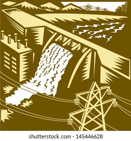 Illustration of a hydroelectric hydro energy generation dam with pylons and buildings done in woodcut style.