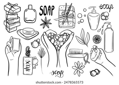 Illustration hygiene soap collection . Hand washing, hand in form of heart, bars of solid soap and liquid soap in a bottle with a dispenser. Vector set