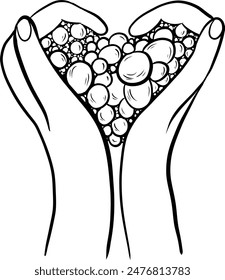 Illustration hygiene soap. Outline Vector. Hand washing with a solid soap. Heart shape 