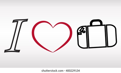 Illustration of an "I love" hieroglyph with a  suitcase  or hieroglyph with a travel bag. Card for a lover of travel, trips. Vector image.
