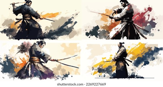 Ilustración de un hombre que lucha con iaido con artes marciales katana japonés . Minimimailst vector art