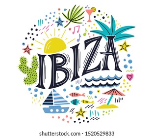 The illustration of Ibiza with lettering design. Perfect for souvenir products and banners.