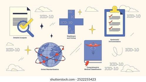 Illustration von ICD-10-Codes mit globaler Standardisierung, Codierung im Gesundheitswesen und systematischer Dokumentation in neubrutalistischer Sammlung.