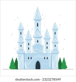 Illustration of an Ice Castle Shining in Blue.  ice castle in snow mountains aerial view. Snow castle isolated on white background. Blue fairy ice castle. Vector 