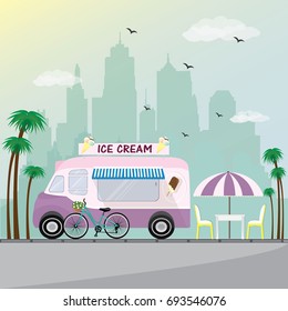 Illustration of ice cream cafe facade in pink color with bicycle. Flat style vector.
