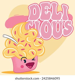 illustration of Ice Cream with cartoon shape with candy sprinkles and vibrant colors, text " Delicious " textured background, iconic design to celebrate Ice Cream Day