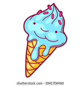 Illustration of ice cream cone in cartoon style. Cute funny character.