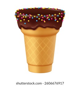 Illustration of an ice cream cone with chocolate coating and colorful sprinkles on a white background showcasing a delicious treat.