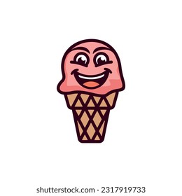 Illustration of Ice Cream Cone Mascot Character with Smile face design, funny faced fish ice cream, vector illustration art