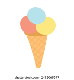 Illustration of an ice cream cone with three scoops in pastel colors: blue, pink, and yellow. The cone has a waffle texture. Perfect for summer themes, dessert menus, or playful graphic designs.