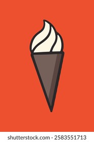 Illustration of an ice cream cone with vanilla swirl on an orange background. Simple ice cream design with bold colors. Ice cream icon with minimalistic style. Funky vector illustration.