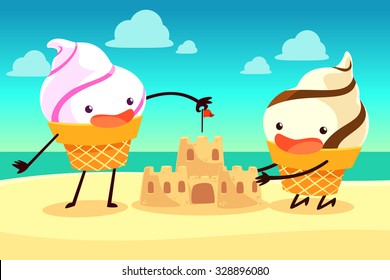 Illustration of ice cream cones building sand castle on the beach