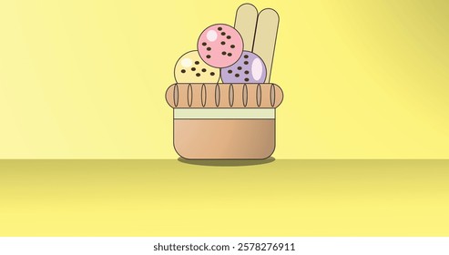 the illustration of an ice cream cup with 3 scoops of flavors.