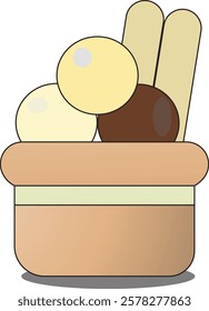 the illustration of an ice cream cup with 3 scoops of flavors.